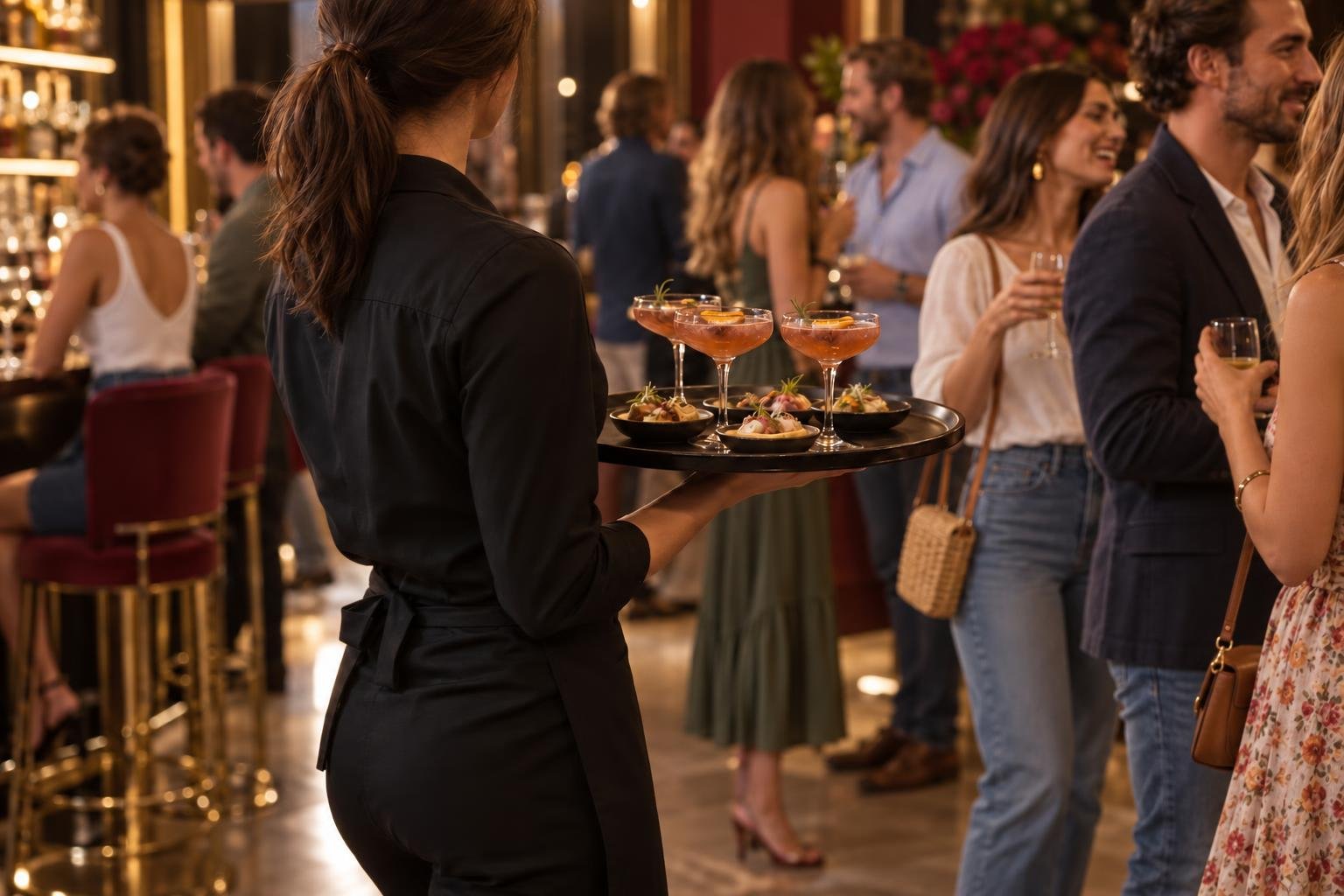 A server passing cocktails and small plates