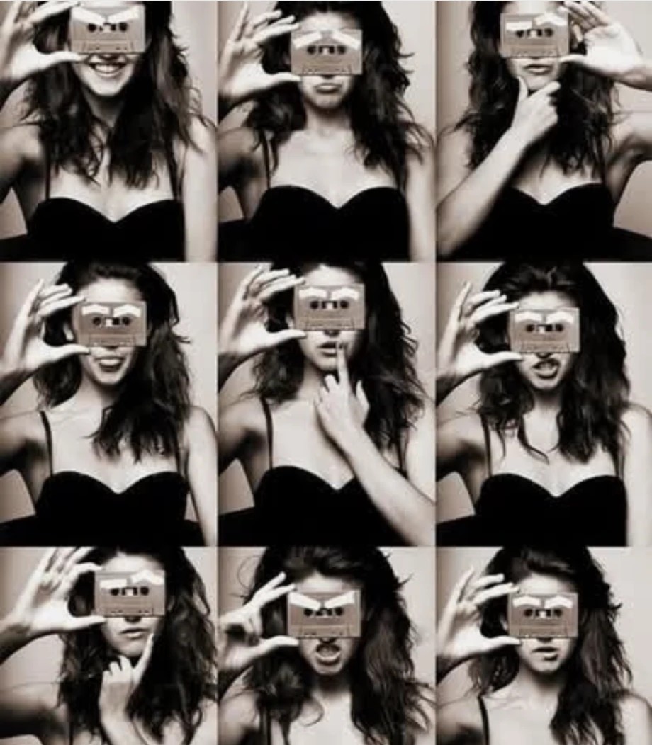 Black and white photo grid of Tzarina holding a cassette tape
