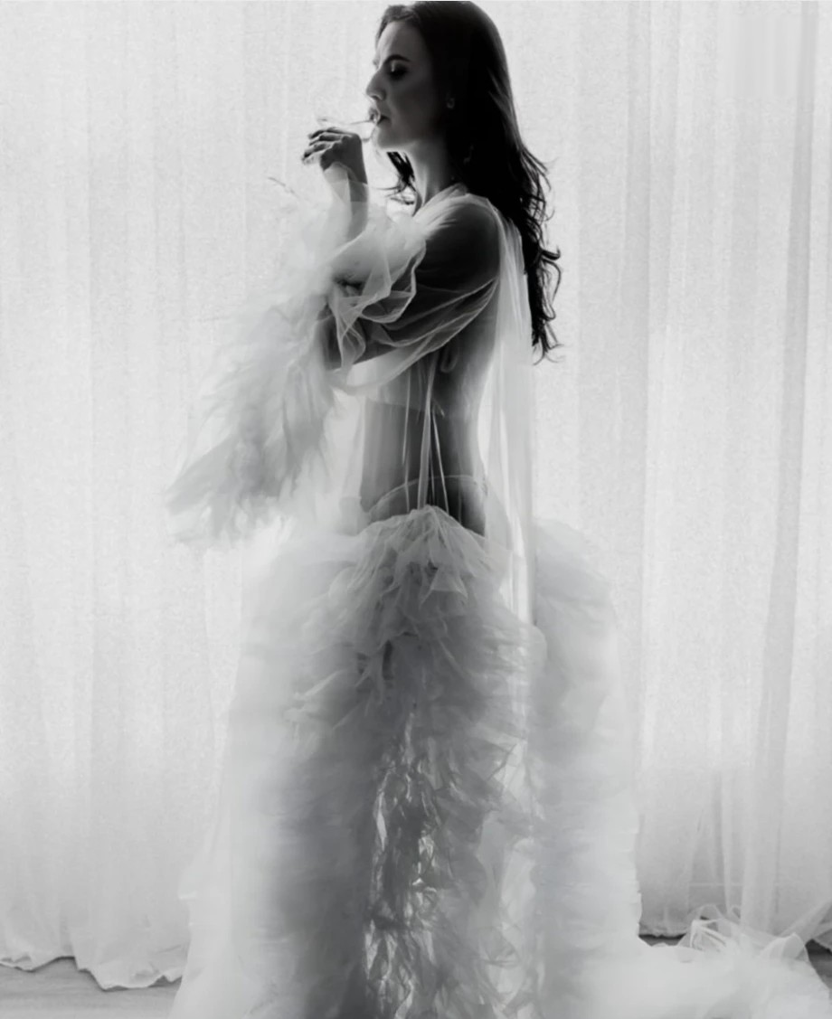 Black and white editorial of Tzarina in a tulle gown